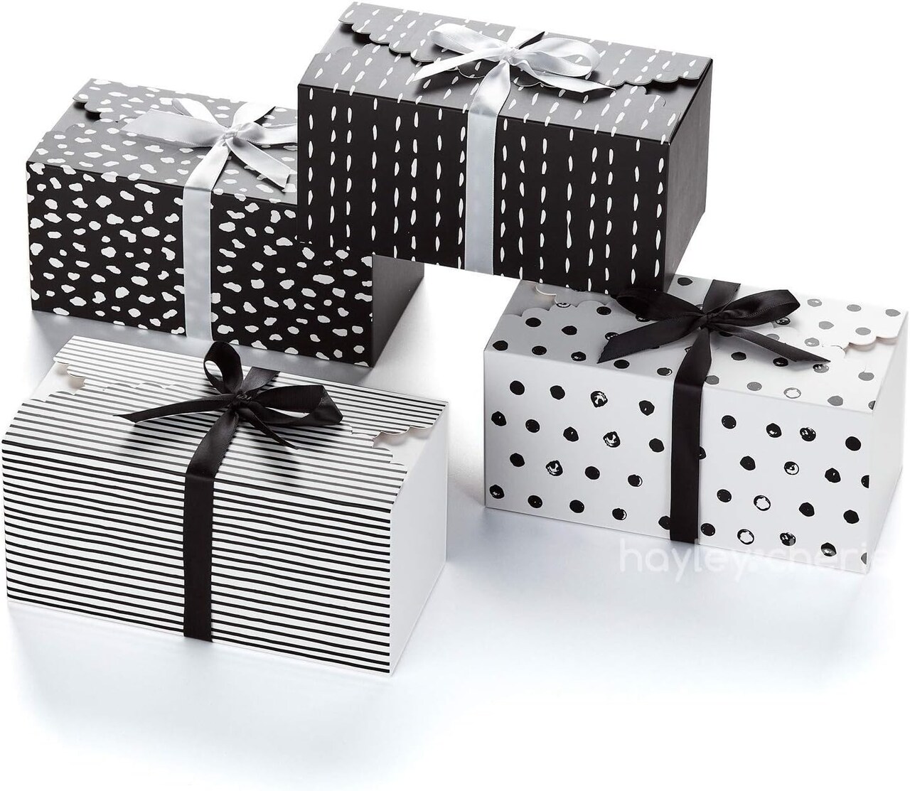Small Black & White Gift Boxes with Lids & Ribbons (20 Pack) 8” x 4” Cute Decorative Treat Boxes Empty
